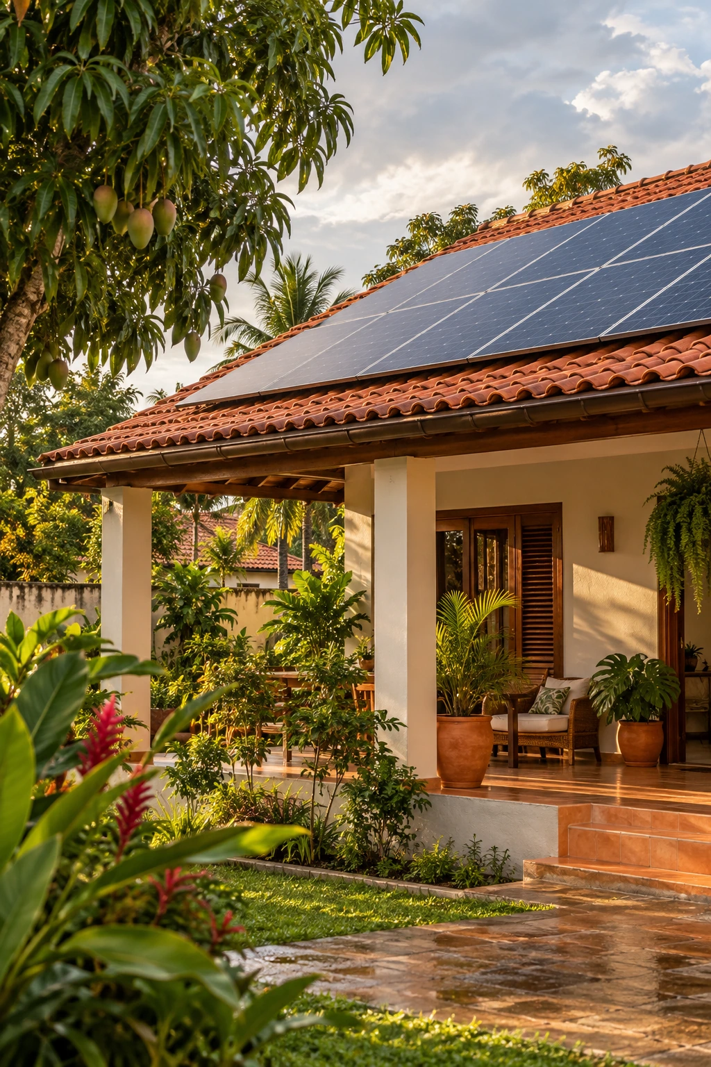 Perspectiva ilustrativa regional de uma residência com energia solar, inspirada em Belém · Pará